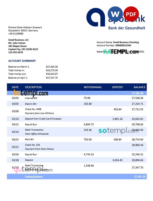 Apobank enterprise account statement Word and PDF template