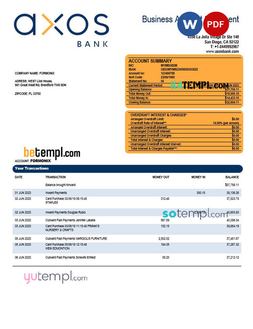 Axos Bank firm account statement Word and PDF template