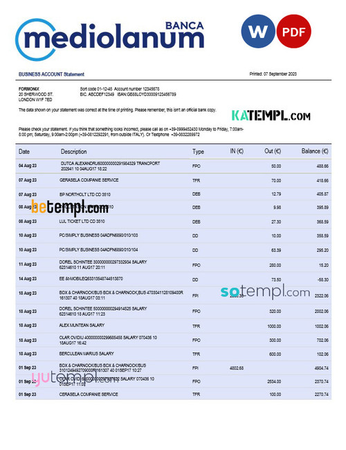 Banca Mediolanum firm account statement Word and PDF template