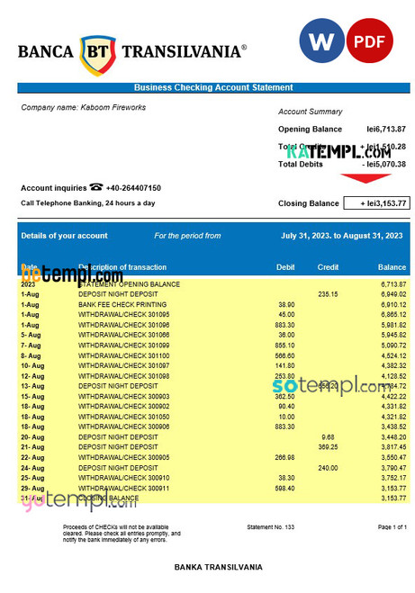 Banca Transilvania company account statement Word and PDF template