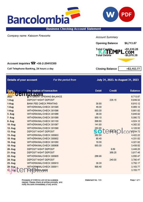 BANCOLOMBIA Bank firm statement Word and PDF template