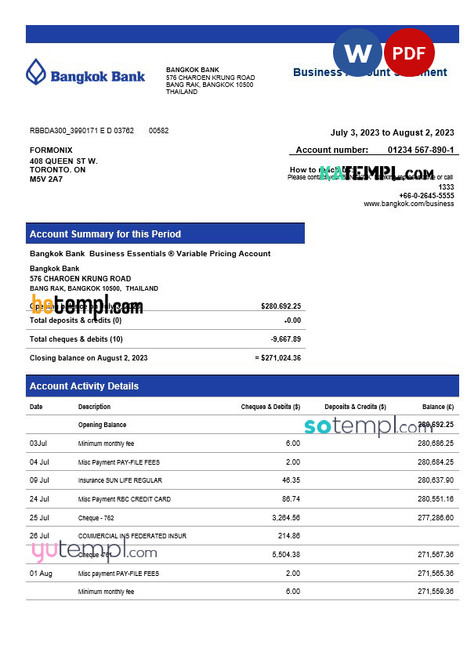 BANGKOK Bank corporate checking account statement Word and PDF template