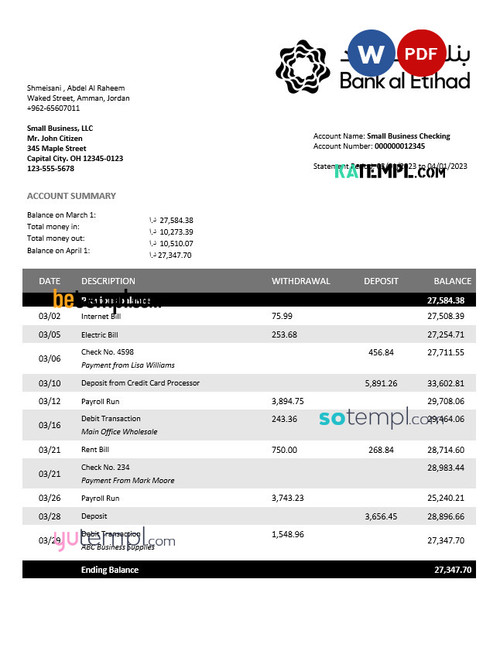 Bank Al Etihad firm account statement Word and PDF template