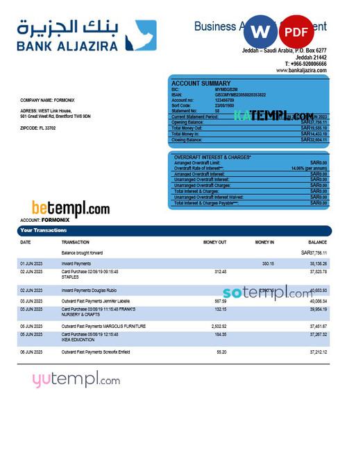 Bank AlJazira firm account statement Word and PDF template