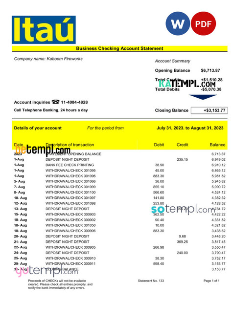 BANK Itaú enterprise account statement Word and PDF template