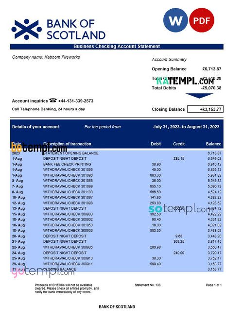 BANK of Scotland corporate checking account statement Word and PDF template
