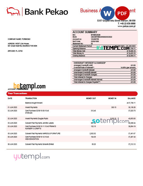 BANK Pekao S. A company statement Word and PDF template