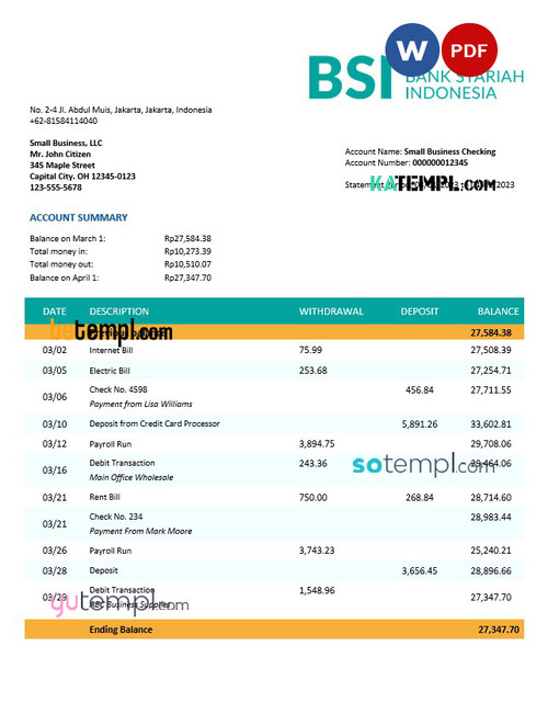 Bank Syariah Indonesia organization checking account statement Word and PDF template