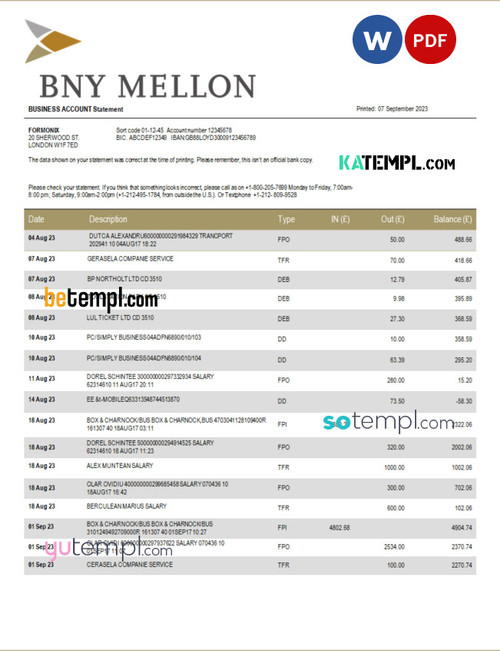 BNY Mellon Bank company checking account statement Word and PDF template