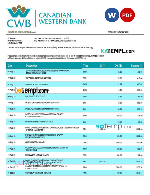 Canadian Western Bank firm account statement Word and PDF template