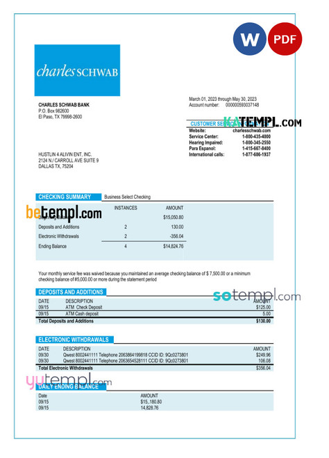 CHARLES SCHWAB Bank organization account statement Word and PDF template