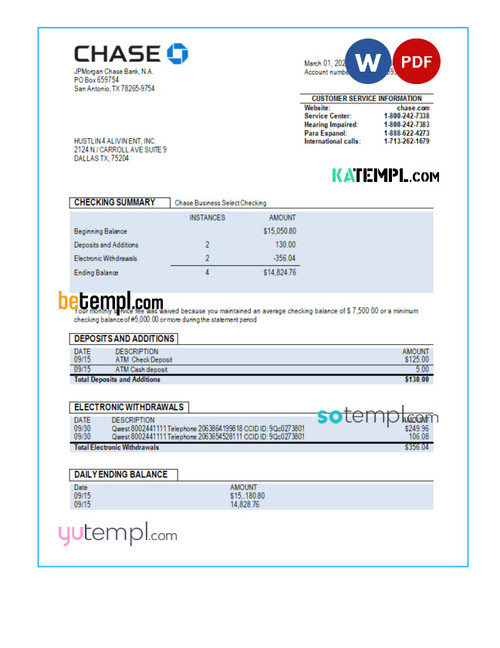 CHASE bank corporate checking account statement Word and PDF template