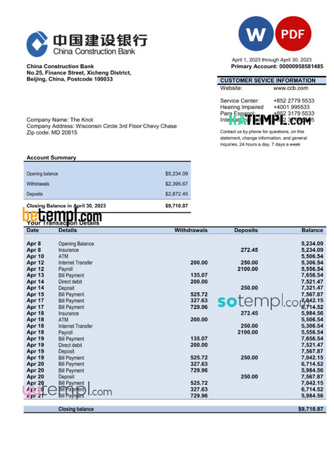 CHINA Construction bank company statement Word and PDF template