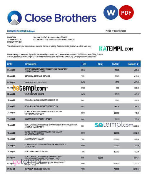 Close Brothers Bank Group company checking account statement Word and PDF template