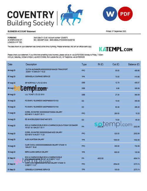 Coventry Building Society organization checking account statement Word and PDF template
