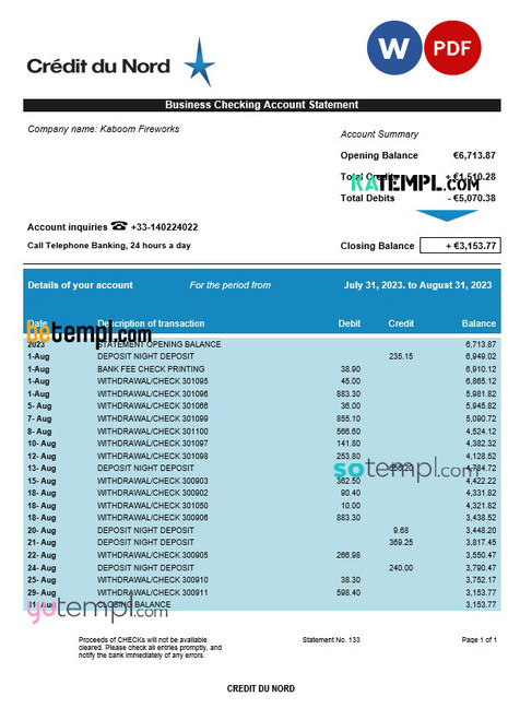 Credit du Nord enterprise account statement Word and PDF template