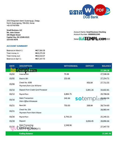 Dgb Financial Group business bank statement Word and PDF template