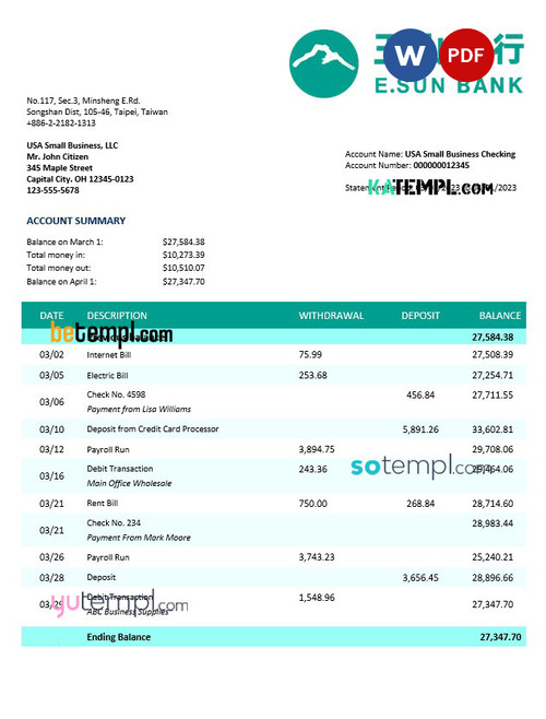 E.SUN Commercial Bank business statement Word and PDF template