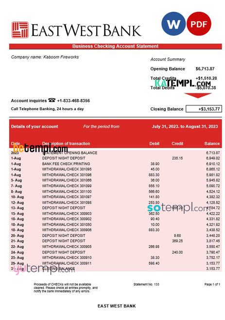 EAST West Bank firm account statement Word and PDF template