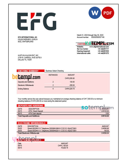 Efg Internatioanl AG Bank business statement Word and PDF template