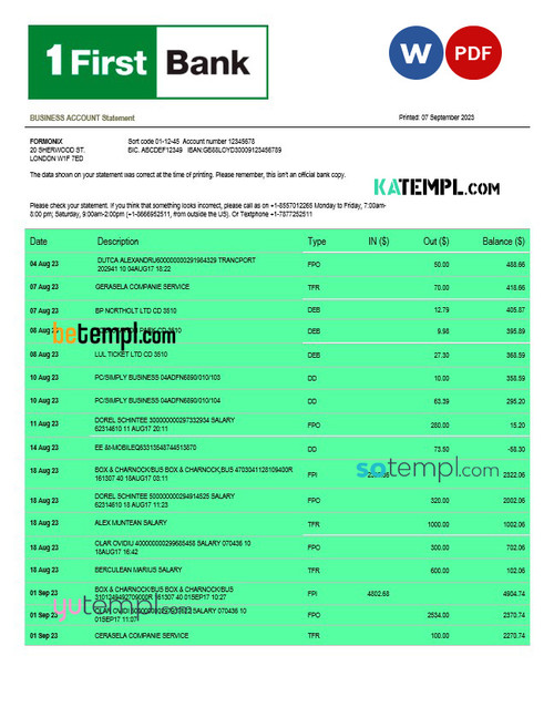 First Bancorp Bank Business statement Word and PDF template