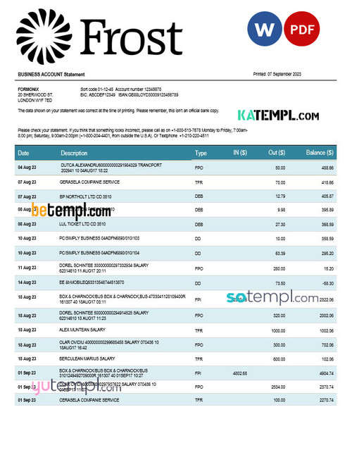 Frost Bankers enterprise account statement Word and PDF template