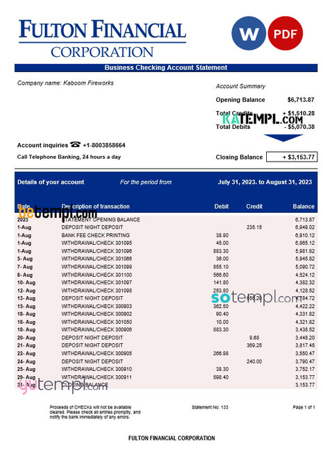 Fulton Financial Corporation enterprise account statement Word and PDF template