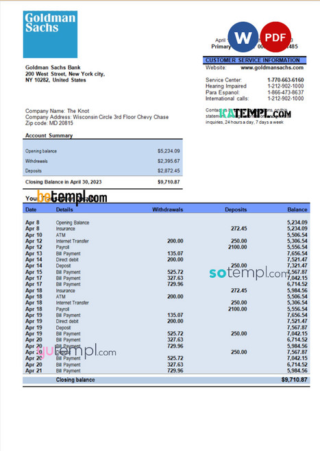 GOLDMAN Sachs bank organization account statement Word and PDF template