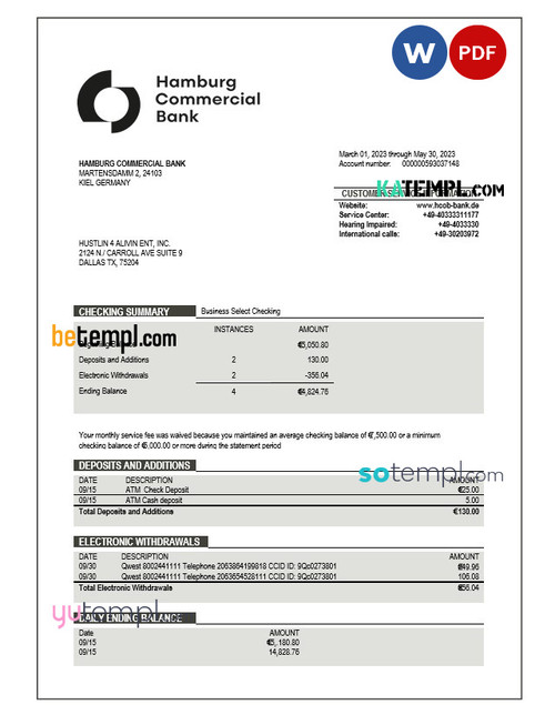 Hamburg Commercial Bank enterprise account statement Word and PDF template