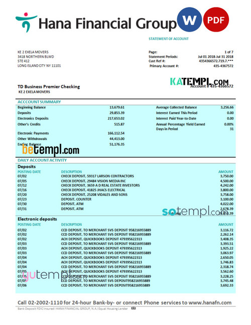HANA Financial Group firm bank statement Word and PDF template