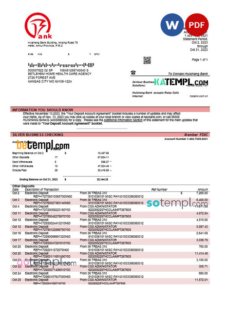 HUISHANG Bank firm account statement Word and PDF template