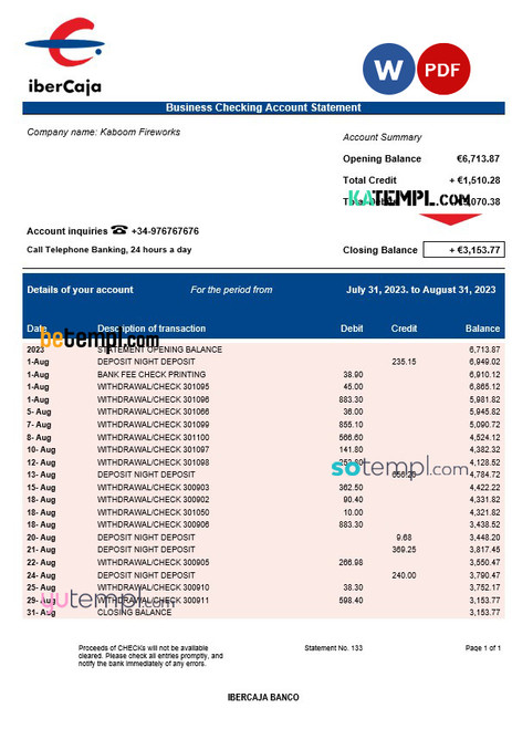 Ibercaja Bank firm account statement Word and PDF template