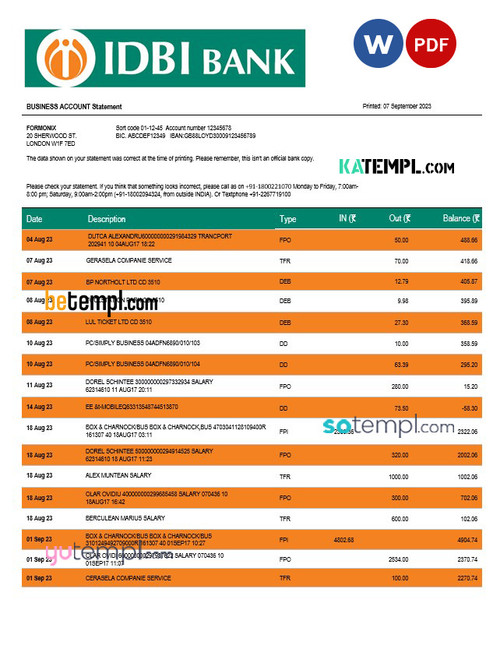IDBI Bank enterprise account statement Word and PDF template
