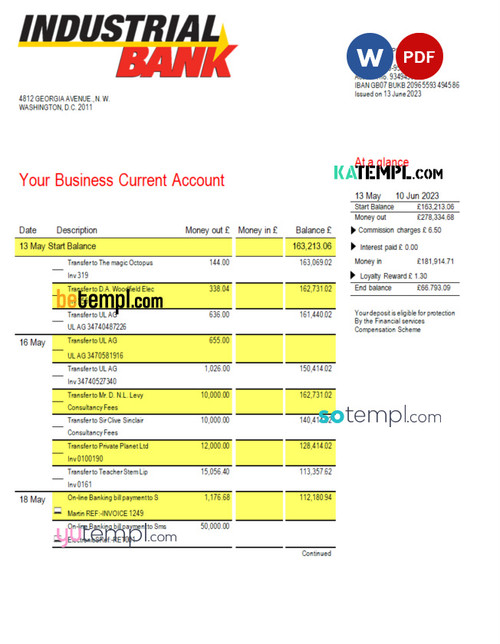 Industrial Bank firm account statement Word and PDF template