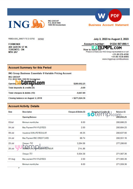 Ing Group bank company account statement Word and PDF template