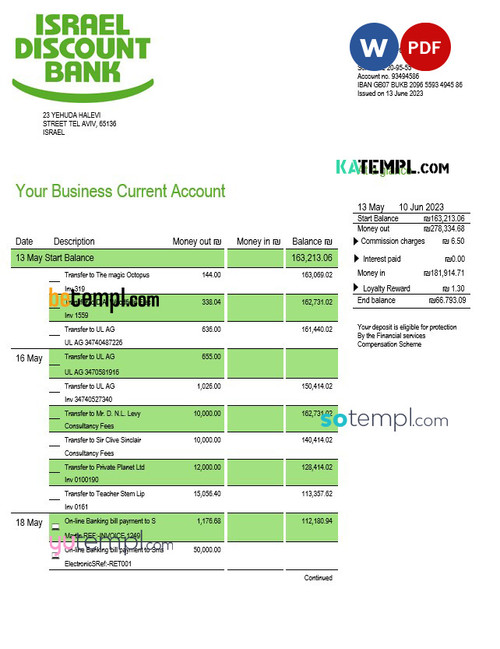 Israel Discount Bank firm statement Word and PDF template