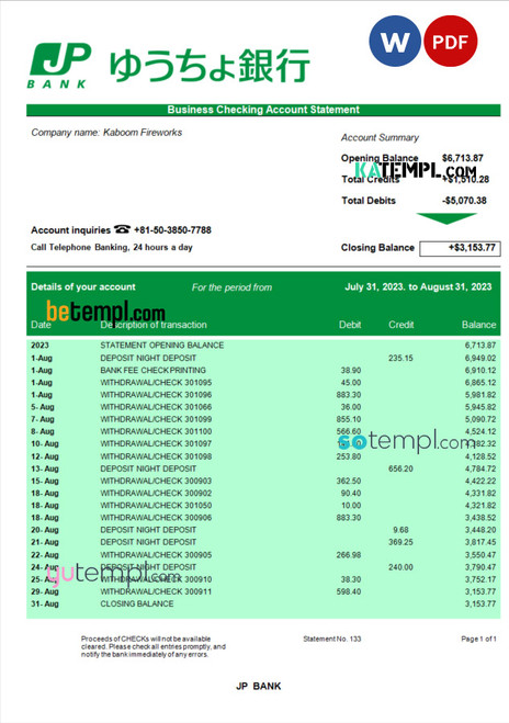 JP Bank (Japan Post Bank) organization statement Word and PDF template