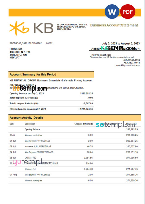 KB Financial Group bank company checking account statement Word and PDF template