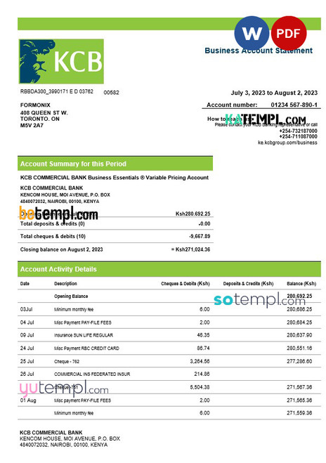 Kenya Commercial Bnak firm account statement Word and PDF template