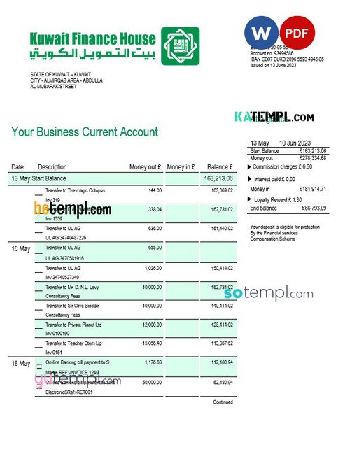 Kuwait Finance House Bank firm account statement Word and PDF template