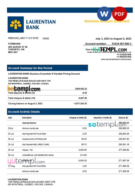 Laurentian Bank enterprise account statement Word and PDF template