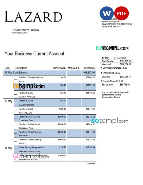 LAZARD Bank business statement Word and PDF template