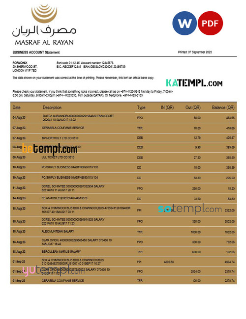 Masraf Al Rayan Bank company checking account statement Word and PDF template