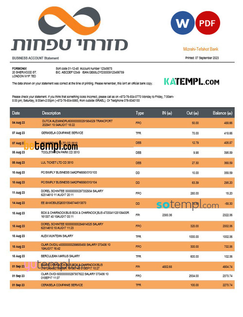 Mizrahi-Tefahot Bank organization statement Word and PDF template