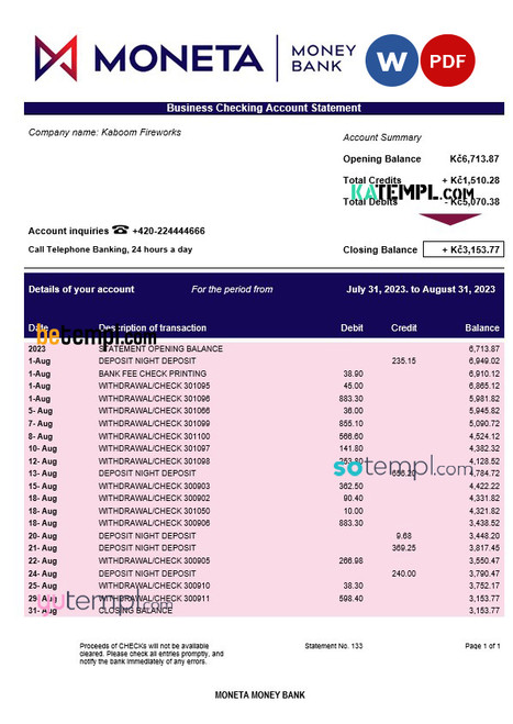 Moneta Money Bank firm account statement Word and PDF template