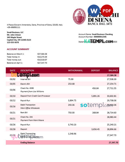 Monte dei Paschi di Siena firm account statement Word and PDF template