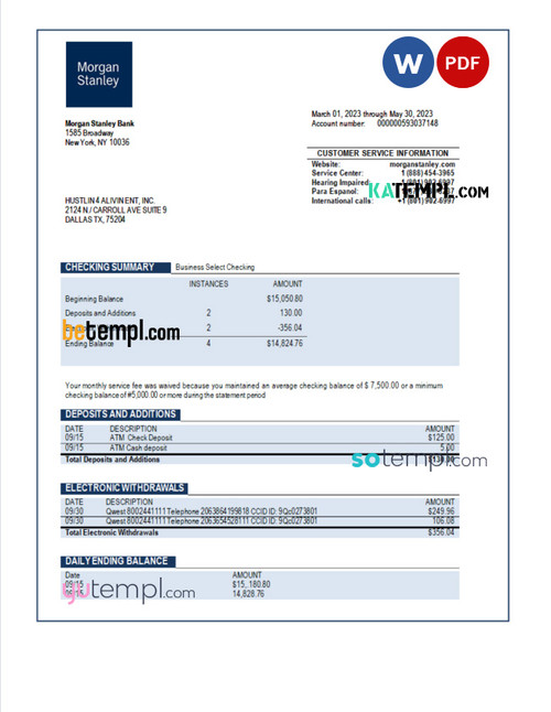Morgan Stanley Bank organization account statement Word and PDF template