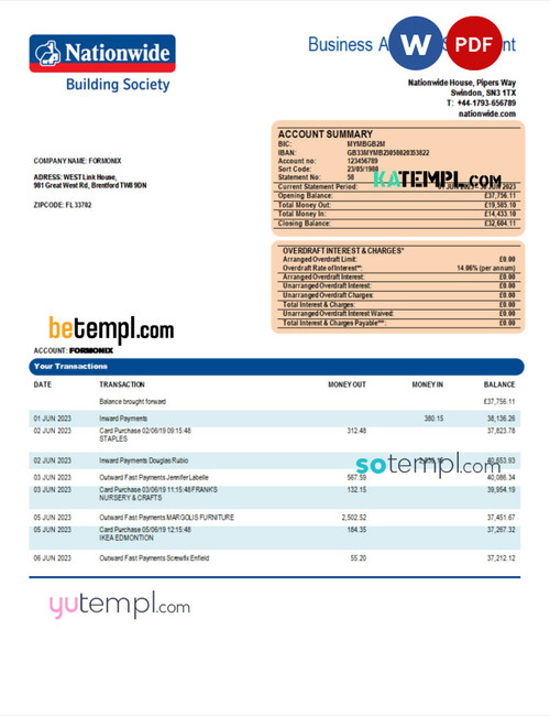Nationwide Building Society firm bank statement Word and PDF template