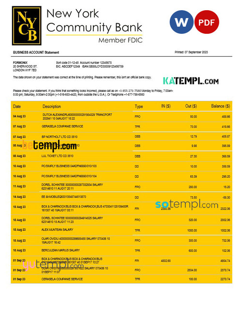 New York Community Bancorp enterprise account statement Word and PDF template