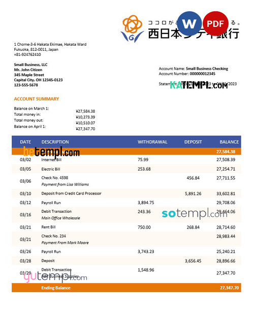 Nishi-Nippon City Bank enterprise account statement Word and PDF template
